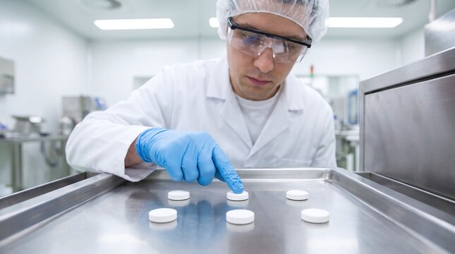 Scientist in lab coat and gloves examines white pills arranged on a tray in a sterile environment