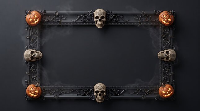 Ornate black frame decorated with skulls and jack o lanterns with eerie smoke on dark background.