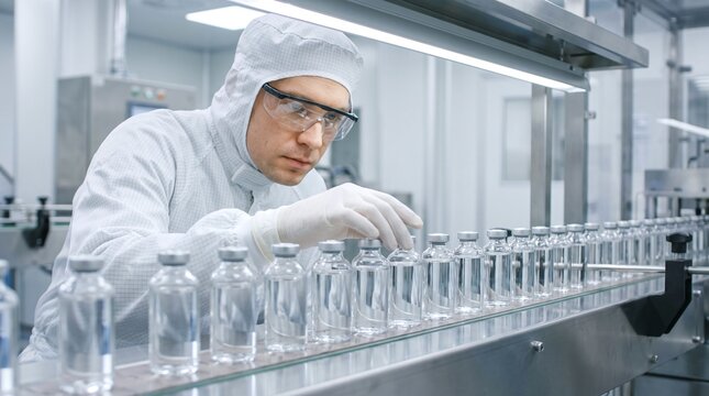 Scientist in cleanroom suit inspects row of sterile pharmaceutical vials on automated conveyor belt