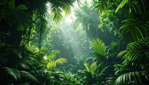 Lush tropical rainforest with sunlight filtering.