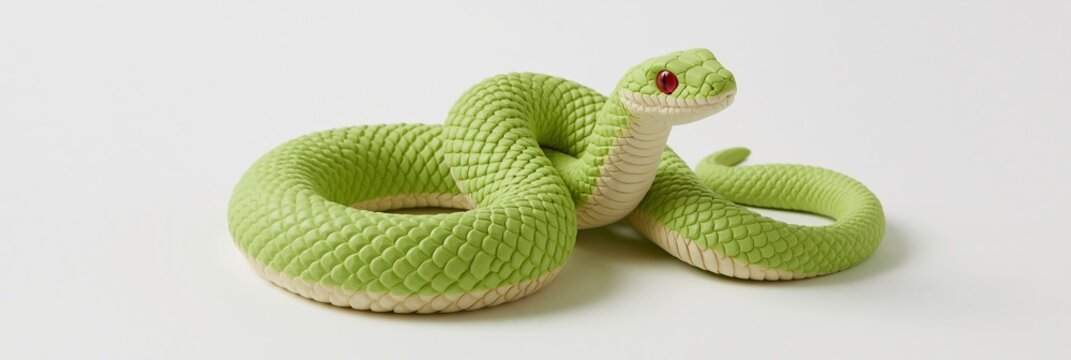 Green snake with red eyes coiled on white