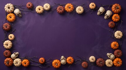 Fototapeta premium Halloween frame with colorful pumpkins and skulls on dark purple smoke background with copy space inside.