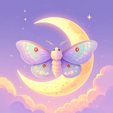 Cute Pastel Moth Flying in Front of Crescent Moon Vector Illustration with Clouds and Stars Magic Theme PNG