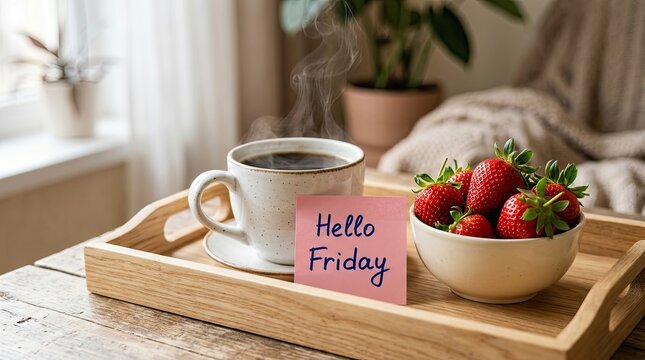 Cozy morning scene with tea fresh strawberries and a hello friday message on a wooden tray