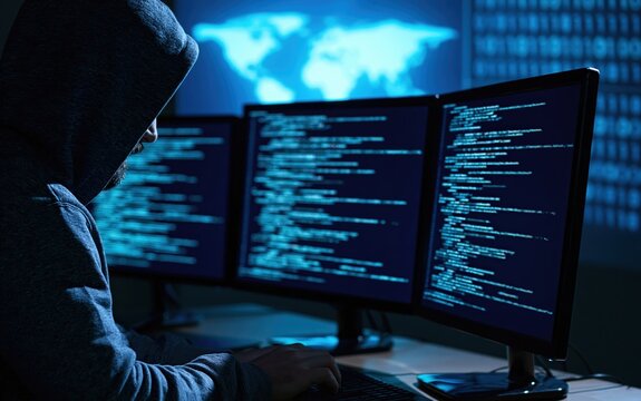 Hacker working on computer coding and programming for cybersecurity threat protection on a digital network data map