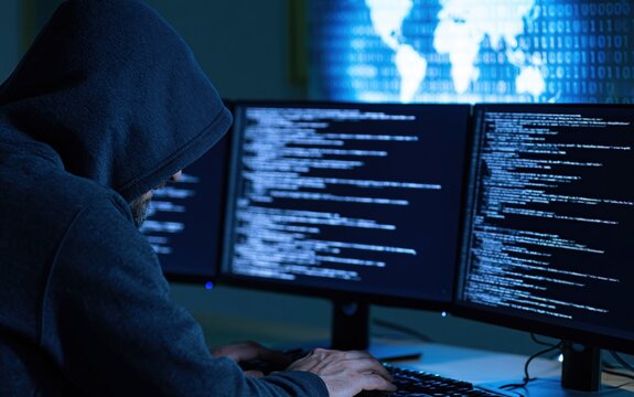 Hacker in a hoodie using computer screens for cybersecurity programming and digital network data security crime