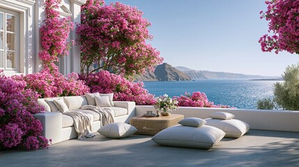 Obraz premium Relaxing white terrace with pink flowers overlooking sea