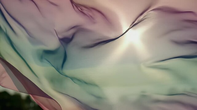 Sunlight filtering through flowing, colorful translucent fabric in soft focus