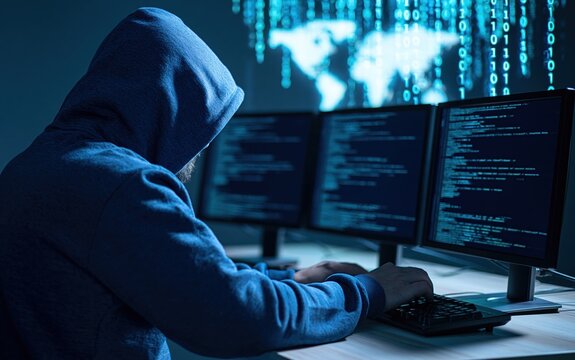 Hacker in a hoodie coding on digital monitors to commit cybercrime with computer network data and internet security