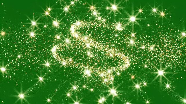 Bright starburst trails through sparkling golden dust on a deep green background