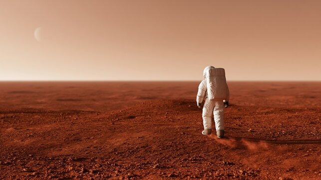 Astronaut walking across red planet surface