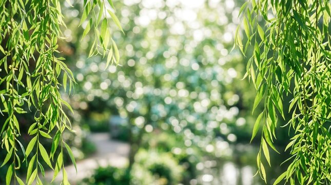Calming and serene atmosphere with a gentle breeze rustling through the branches of a weeping willow tree.