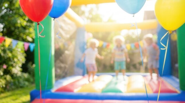 A blurry view of colorful birthday banners and signs surrounding kids jumping in a bounce house