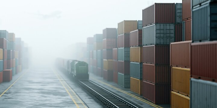 Train moving through foggy shipping container yard