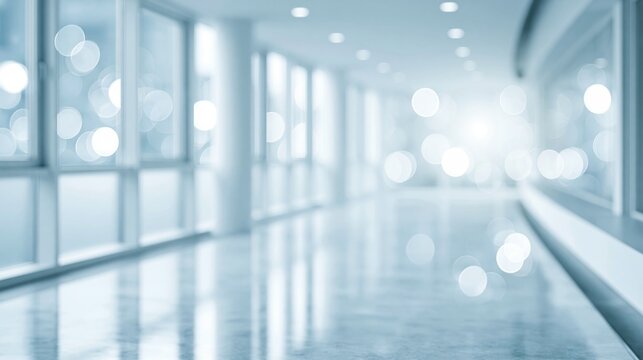 blurred empty modern hallway with blue bokeh lights