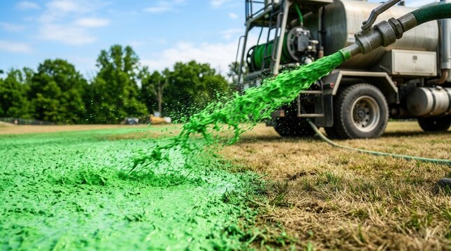 A vibrant green lawn emerging as hydroseeding equipment evenly spreads a liquid seed mixture.