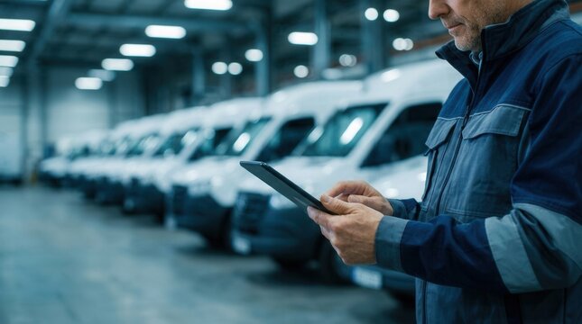 Data review by a fleet manager on a tablet, featuring a blurred background of vehicles undergoing costeffective fuel efficiency upgrades.