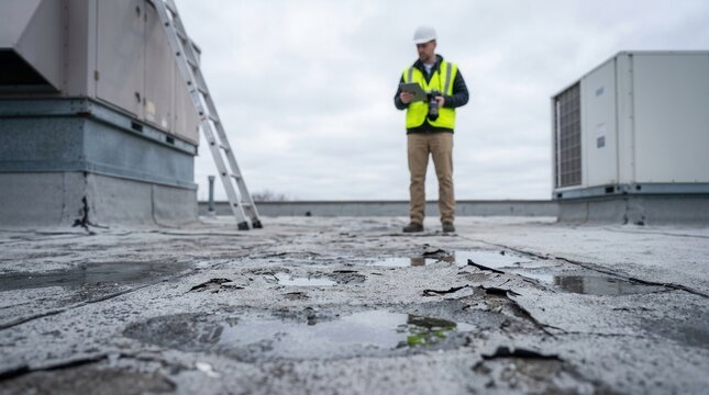 Deteriorated membrane surface of a flat commercial roof being assessed for hail damage by an adjuster.