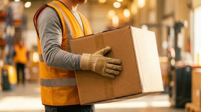 Worker carefully lifting a heavy box focusing on hands and proper back posture for safe lifting practices.