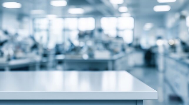Empty laboratory workbench with blurred scientific equipment in