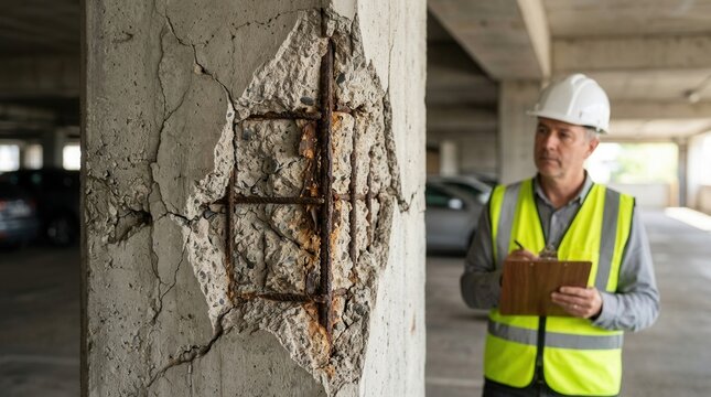 Medium closeup of an engineer with a clipboard inspecting concrete spalling on a parking garage slab.