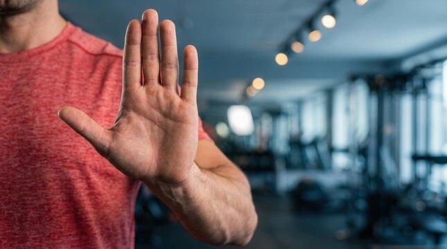 Hand stop sign gesture by a sportsman in a gym, representing a clear denial and the setting of personal limits