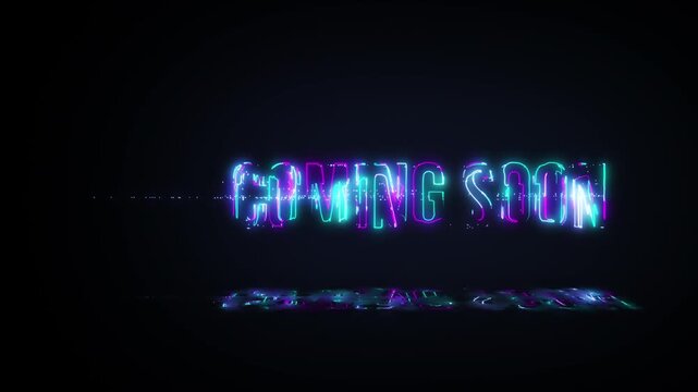 Animation text of Coming Soon laser neon glitch text effect on black abstract backgroud. Promote advertising concept isolate using QuickTime Alpha Channel proress 444