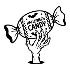 Fototapeta premium Halloween candy vector illustration featuring monster hand holding wrapped sweet treat with bat motifs