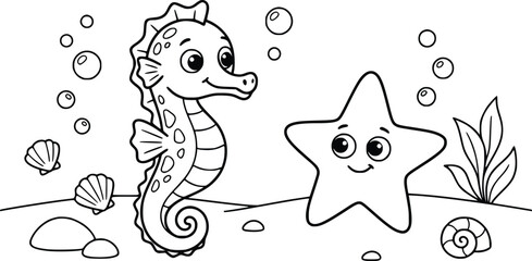 Cute seahorse and starfish coloring page for kids, underwater sea life line art illustration, black and white ocean animal vector for children activity © Ali