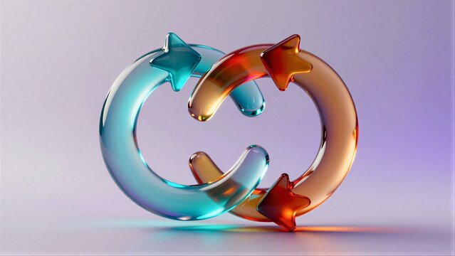 Glass rings with star arrows twist in a vibrant, abstract 3D composition.