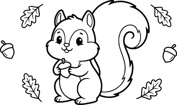 Cute squirrel coloring page for kids, adorable forest animal holding an acorn, black and white line art vector illustration with oak leaves