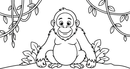 Fototapeta premium Cute gorilla coloring page for kids, cartoon ape outline vector, jungle animal line art illustration, printable coloring book page