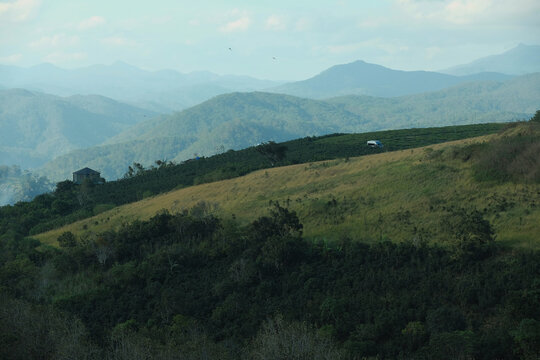 Autumn landscape of rolling mountains from Cau Dat tea hill in Da Lat Vietnam
