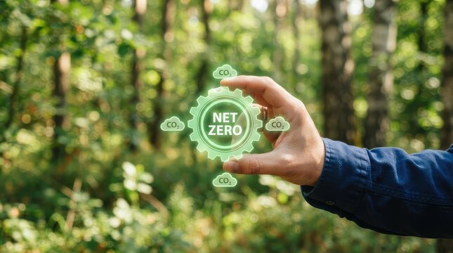 Hand holding net zero gear illustration surrounded by green foliage with emissions symbols floating hand displays transparent carbon dioxide emissions