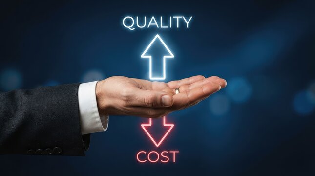 Hand balancing quality improvement over reduced cost in professional business setting with Hand demonstrates balance between increasing quality decreasing cost business context