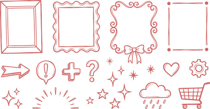Collection of decorative red hand drawn frames and web utility icons with shopping cart design element utility icon question mark plus sign