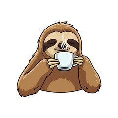 Fototapeta premium Cute cartoon sloth holding steaming mug of coffee with relaxed posture, concept for cozy morning routine, wellness branding and relaxation content