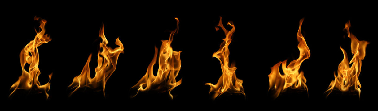 Collection of multiple fire flame plumes and burning fire tongues isolated on black background. Dynamic bonfire spark overlay for cinematic special effects and energy design assets.