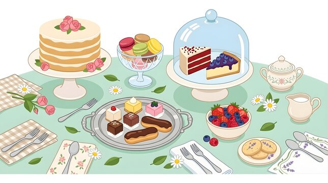 Elegant Dessert Table Illustration with Cakes Pastries and Berries