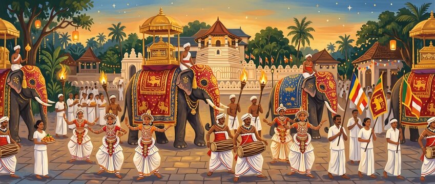 Grand Traditional Elephant Parade With Dancers and Musicians During Asian Cultural Night Celebration