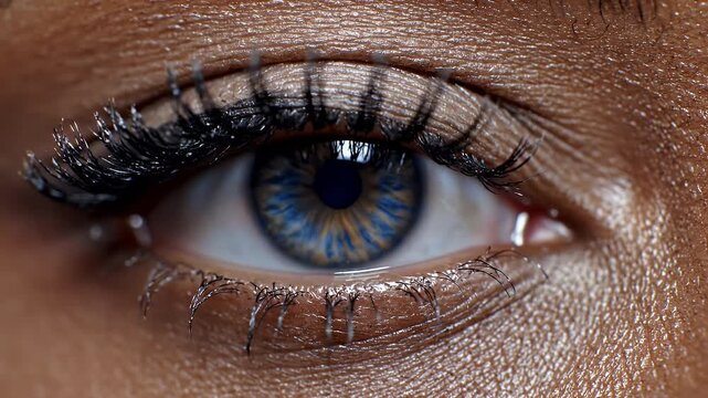 Close-up of a human eye with bright blue and brown iris, dark lashes