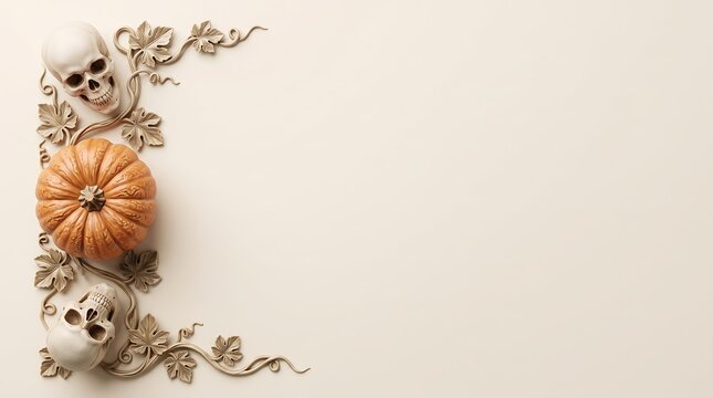 Beige sculpted pumpkins and skulls with elegant vine scrolls on cream background for luxury halloween.