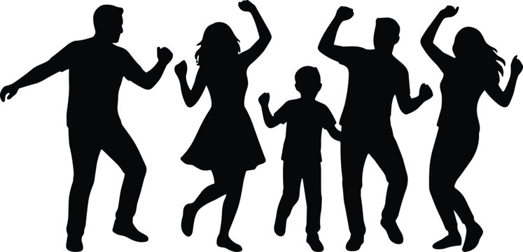 Joyful family dancing silhouettes showing parents and children having fun celebrating and moving to music together in a happy active pose