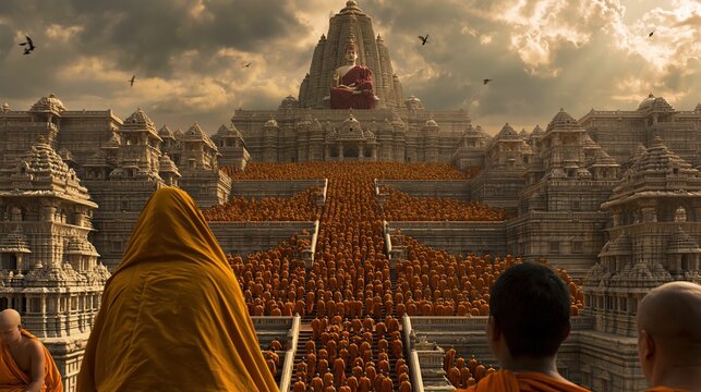 Massive gathering of monks ascending temple steps towards