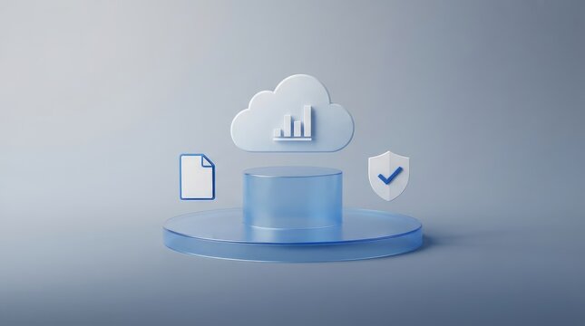 Secure cloud storage system displaying data analytics and document protection on digital platform with Digital illustration cloud based storage security shield