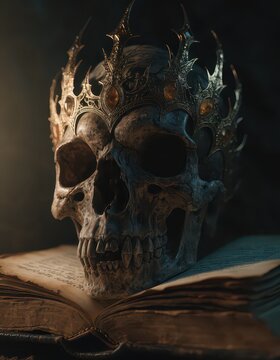 Macro photo of a skull wearing a crown on a book