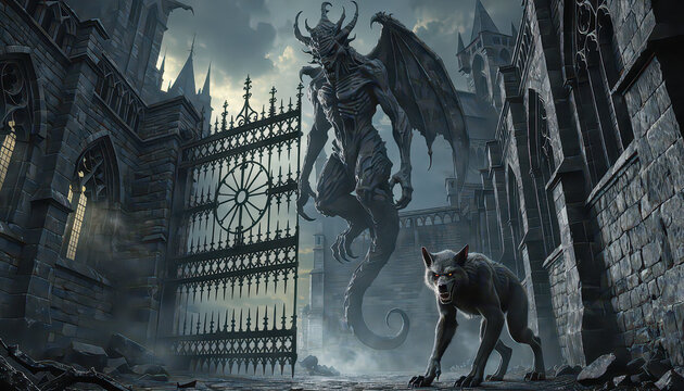 Gothic portcullis gate of a castle with a demon and a wolf
