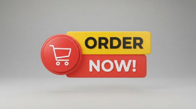 Shopping prompt with order call to action and shopping cart icon on colorful blocks with encourages immediate ordering style graphic encourages