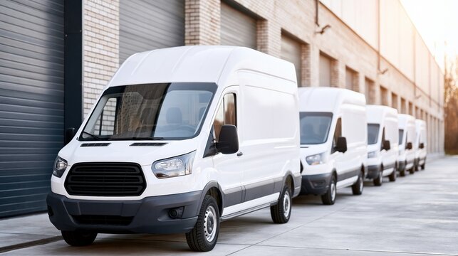 White delivery vans parked in row outside warehouse