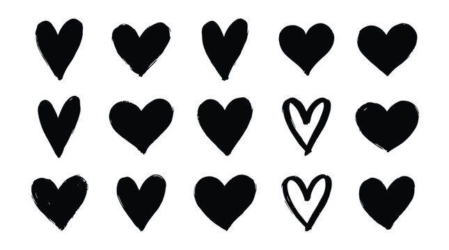 Hand drawn black heart icons set featuring various rough brush stroke shapes in vector graphic style